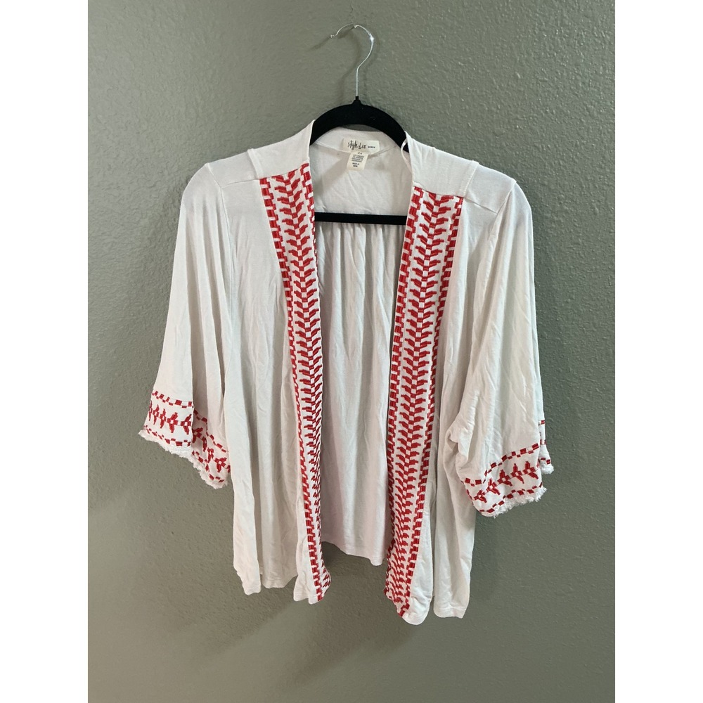 Style & Co Woman White Red Embroidered Open Front Cardigan Kimono Plus Size 1X